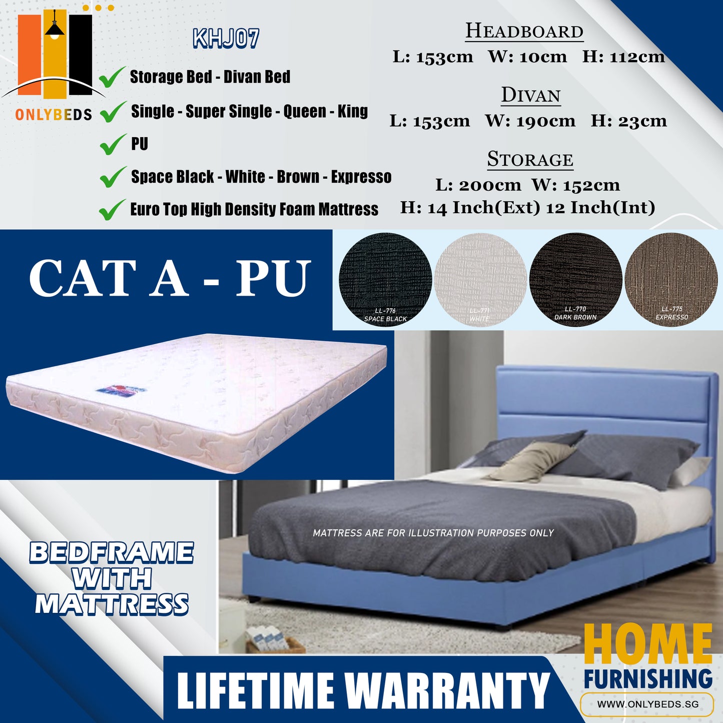 Storage Bedframe with Headboard only With Euro Top Foam Mattress l KHJ07 l Cat A