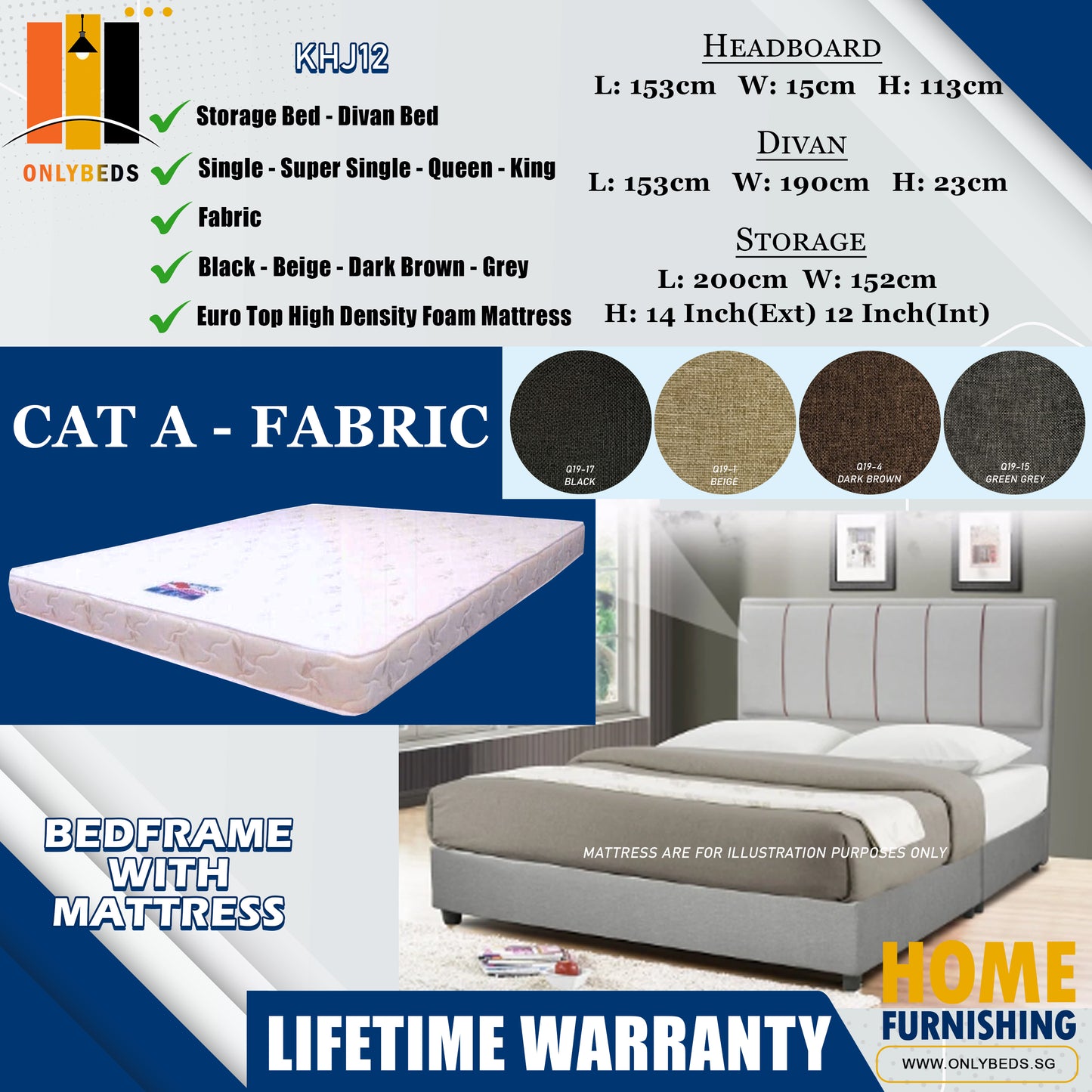 Storage Bedframe with Headboard only With Euro Top Foam Mattress l KHJ12 l Cat A