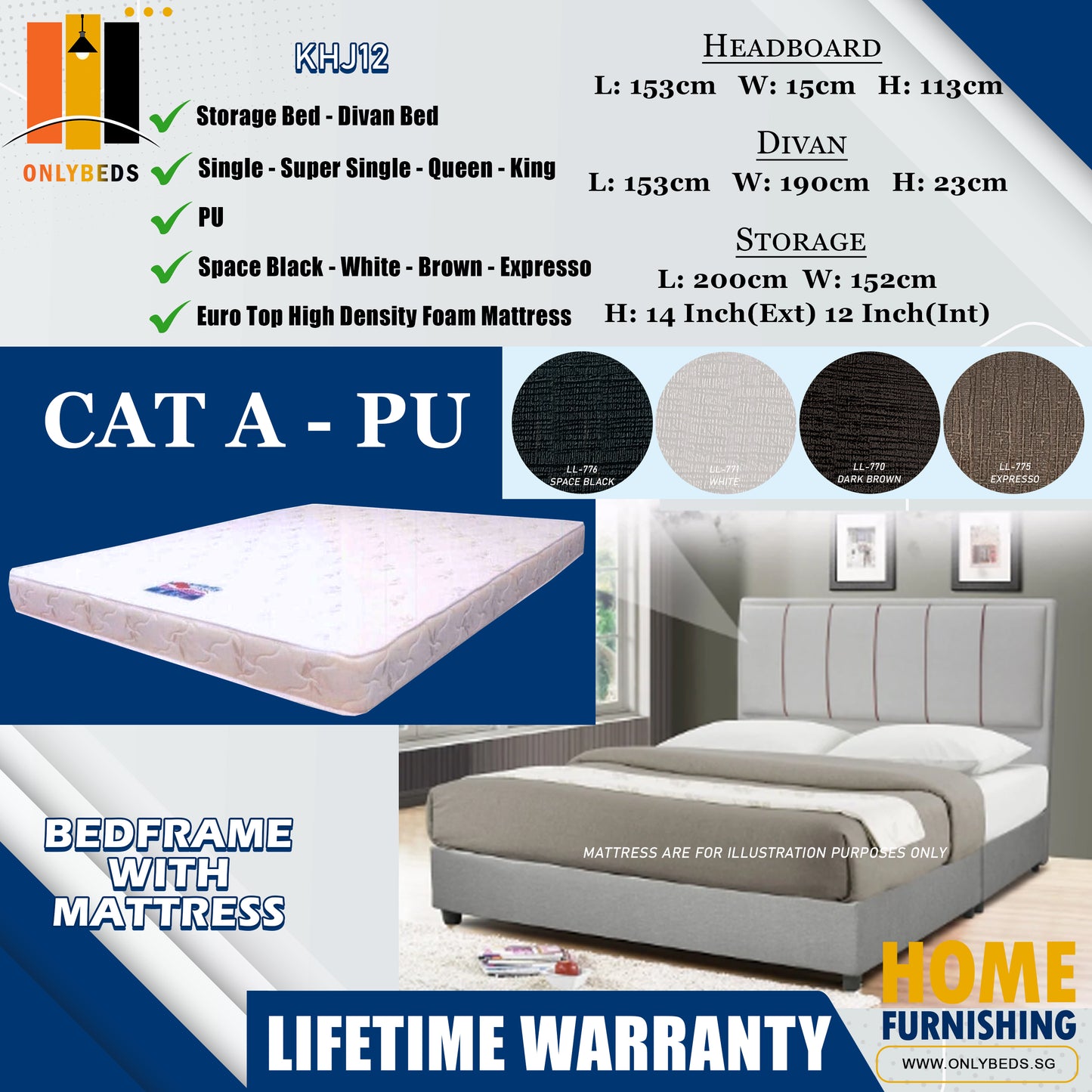 Storage Bedframe with Headboard only With Euro Top Foam Mattress l KHJ12 l Cat A