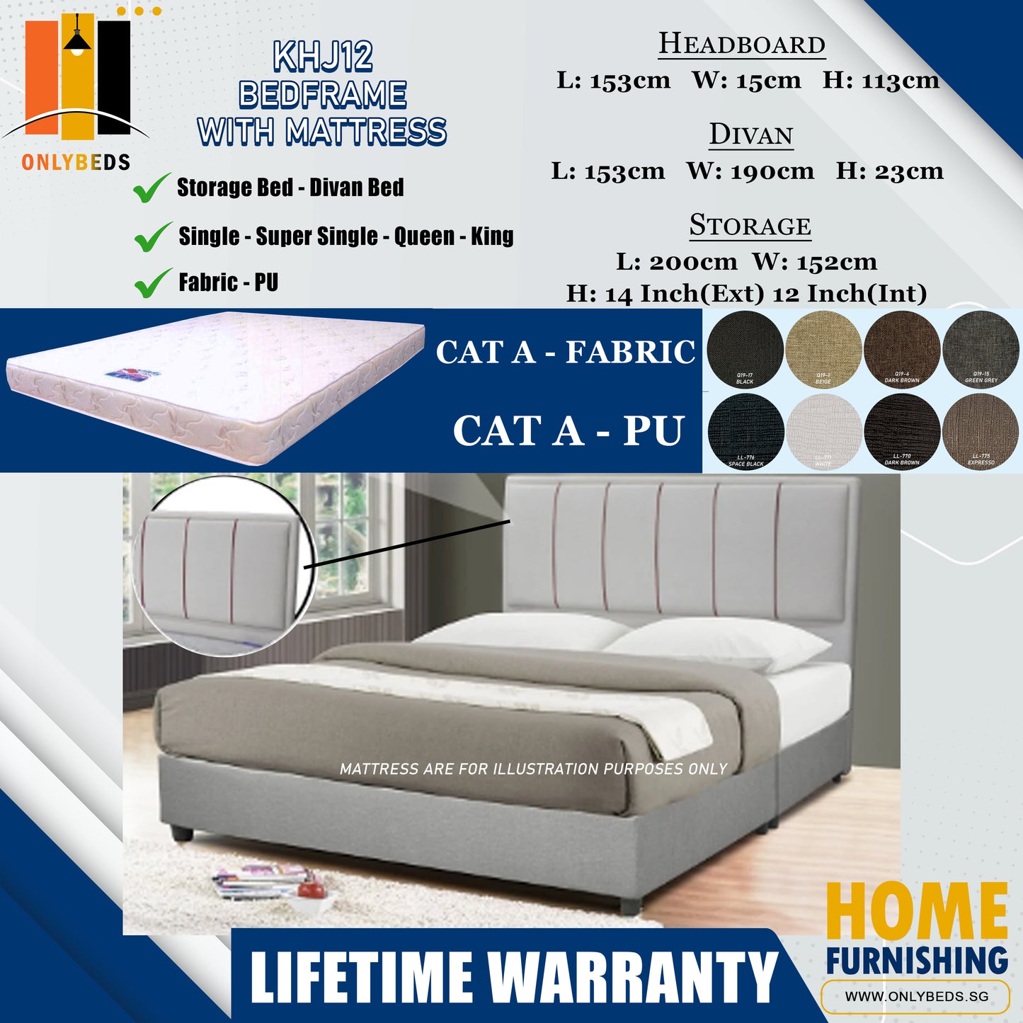 Storage Bedframe with Headboard only With Euro Top Foam Mattress l KHJ12 l Cat A