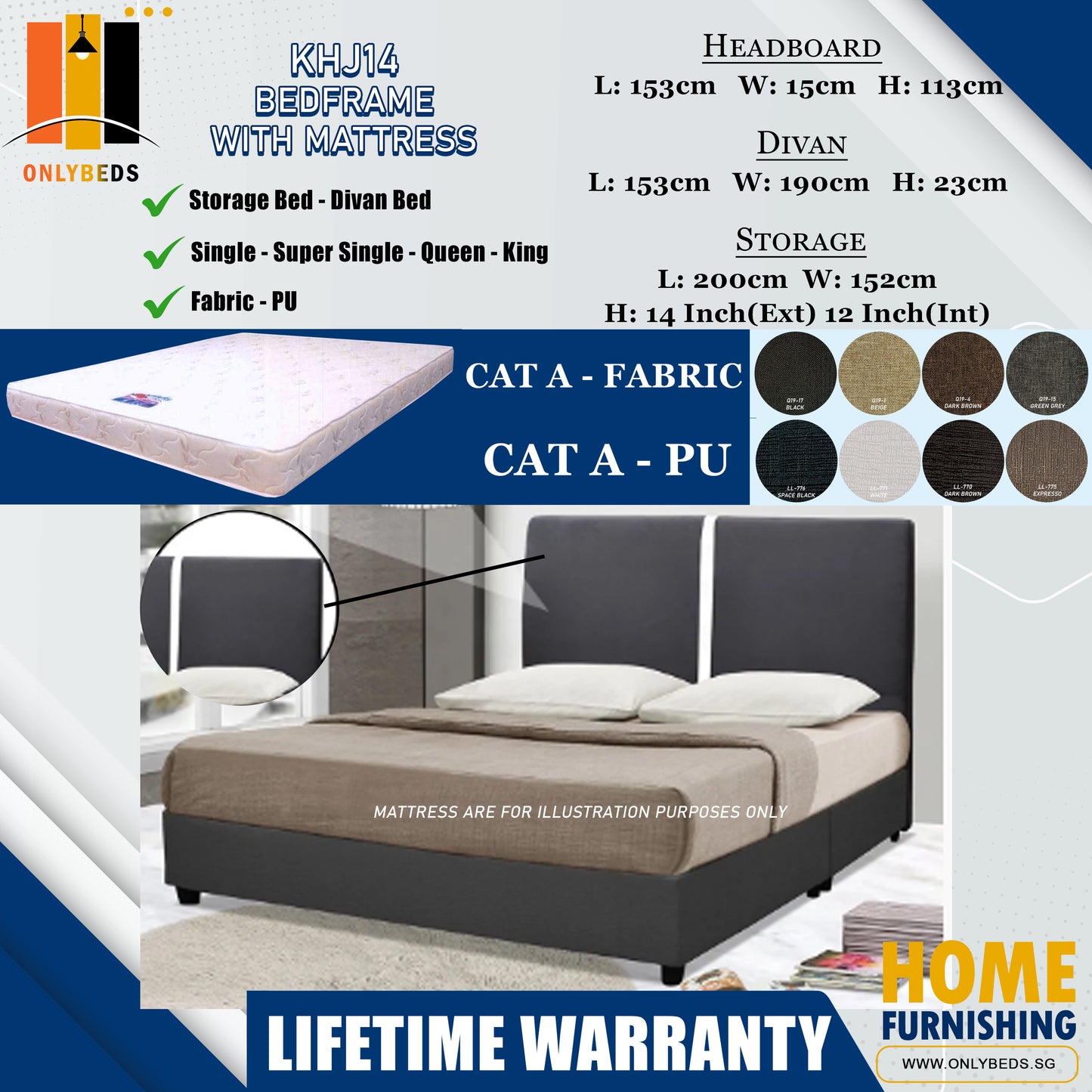 Storage Bedframe with Headboard only With Euro Top Foam Mattress l KHJ14 l Cat A