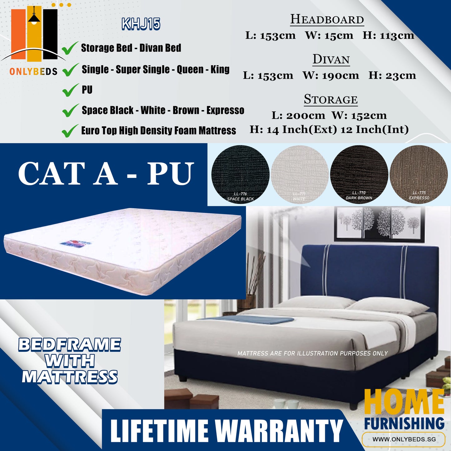 Storage Bedframe with Headboard only With Euro Top Foam Mattress l KHJ15 l Cat A