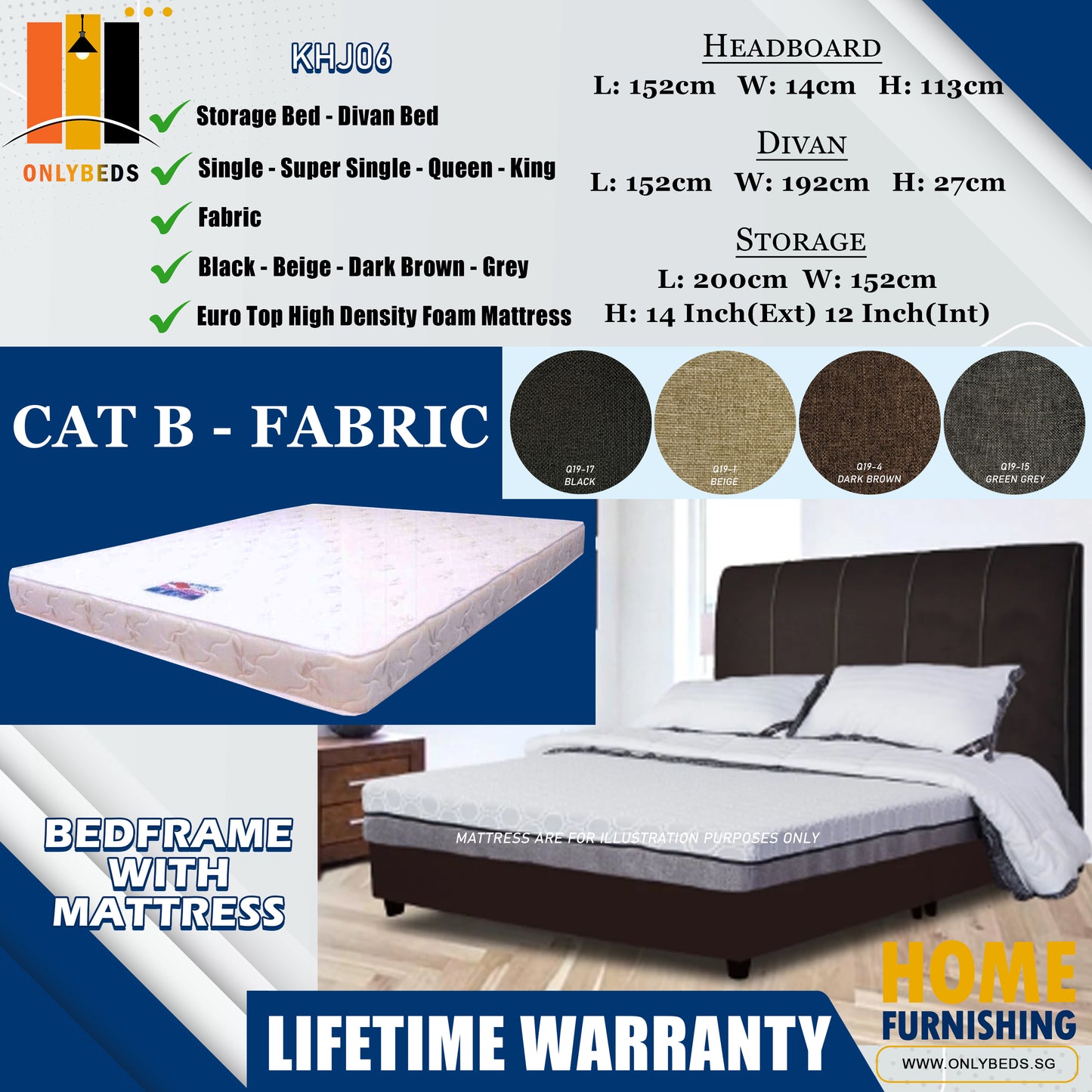 Storage Bedframe with Headboard only With Euro Top Foam Mattress l KHJ06 l Cat B