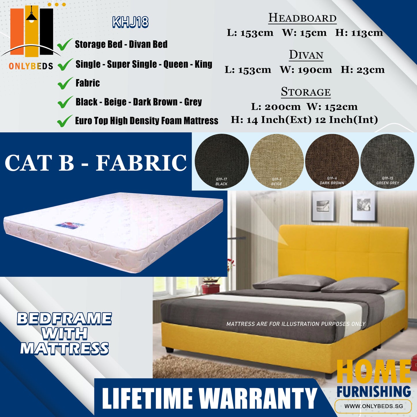 Storage Bedframe with Headboard only With Euro Top Foam Mattress l KHJ18 l Cat B