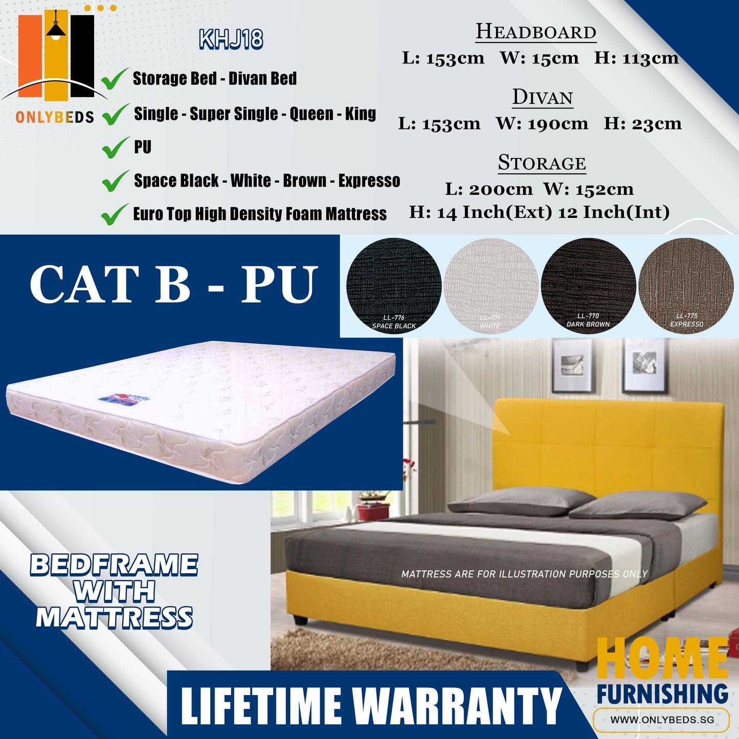 Storage Bedframe with Headboard only With Euro Top Foam Mattress l KHJ18 l Cat B