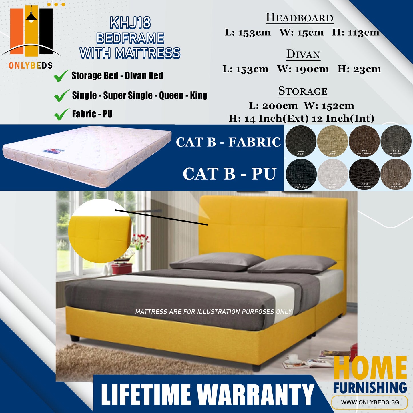 Storage Bedframe with Headboard only With Euro Top Foam Mattress l KHJ18 l Cat B