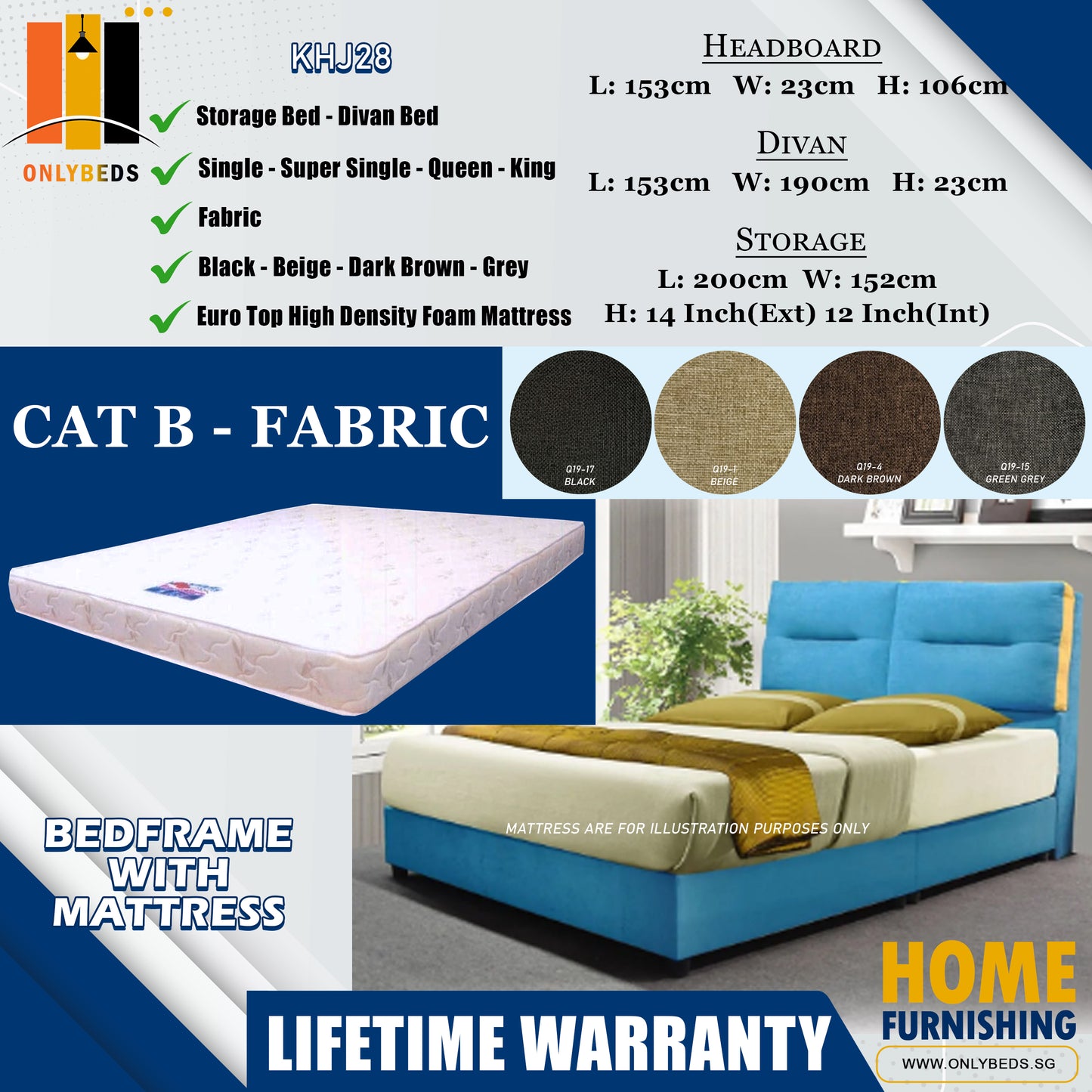 Storage Bedframe with Headboard only With Euro Top Foam Mattress l KHJ28 l Cat B