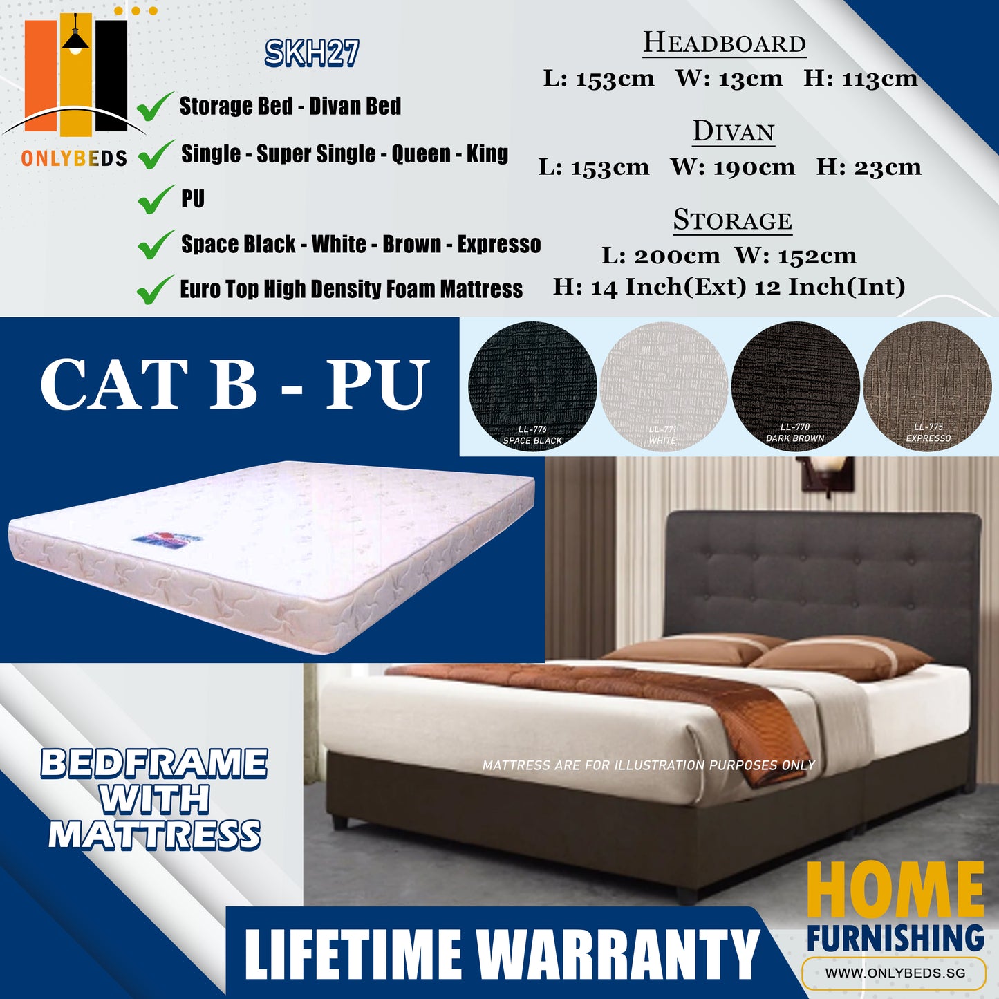 Storage Bedframe with Headboard only With Euro Top Foam Mattress l SKH27 l Cat B