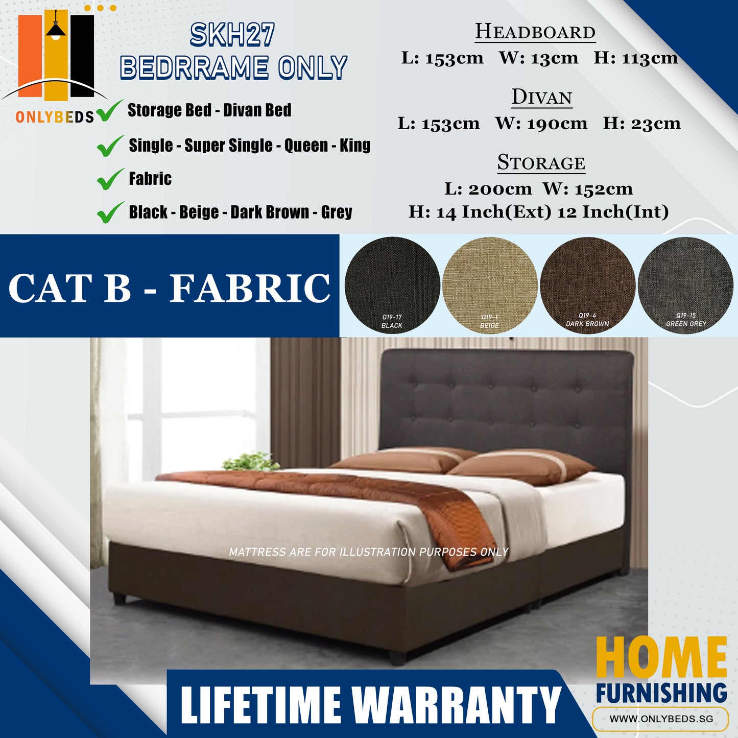 Divan Bedframe with Headboard l SKH27 l Cat B