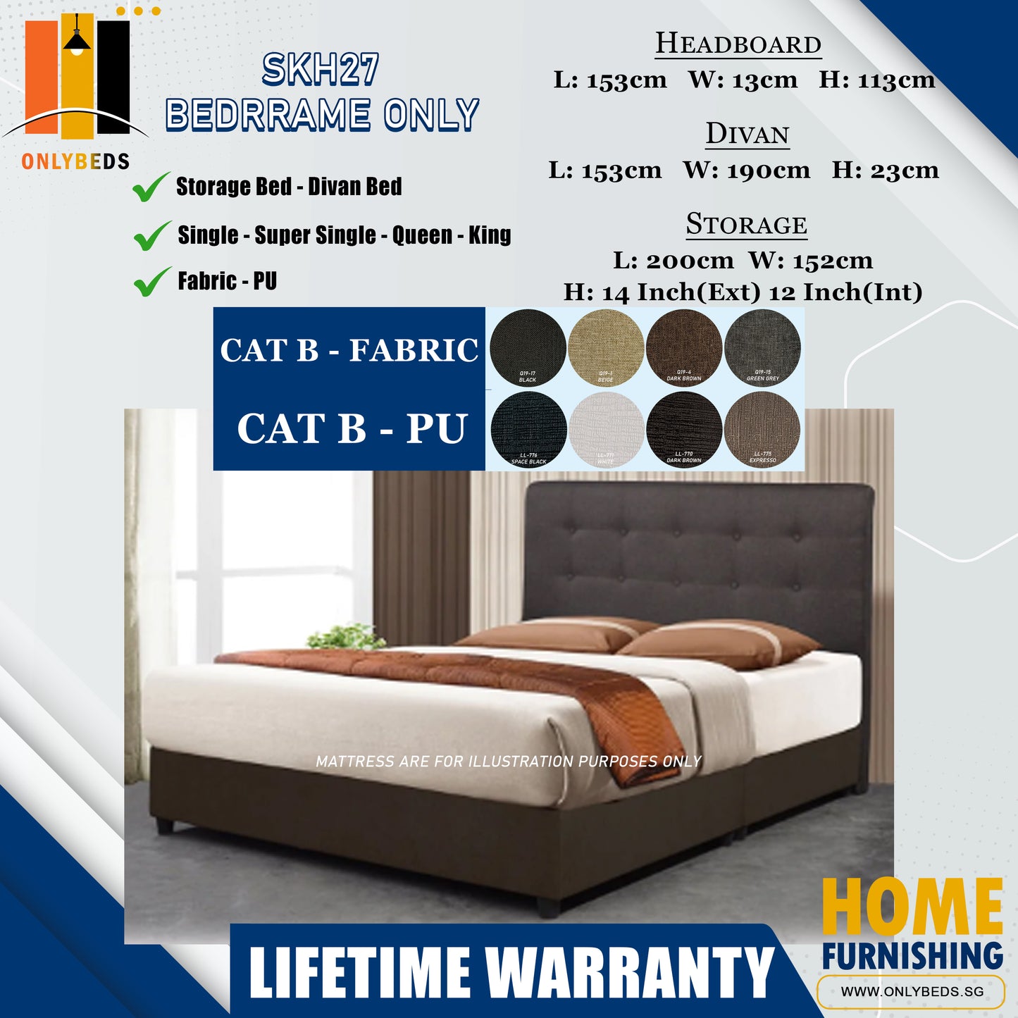 Storage Bedframe with Headboard only l SKH27 l Cat B