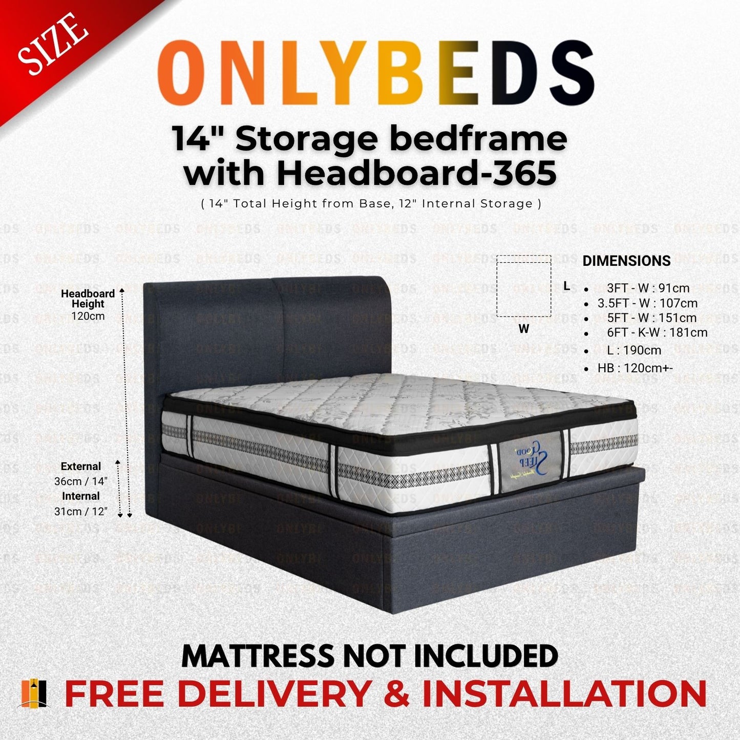 Storage Bed and Mattress 14inc PVC/PU - [Single/Ssingle/Queen/King] - 365