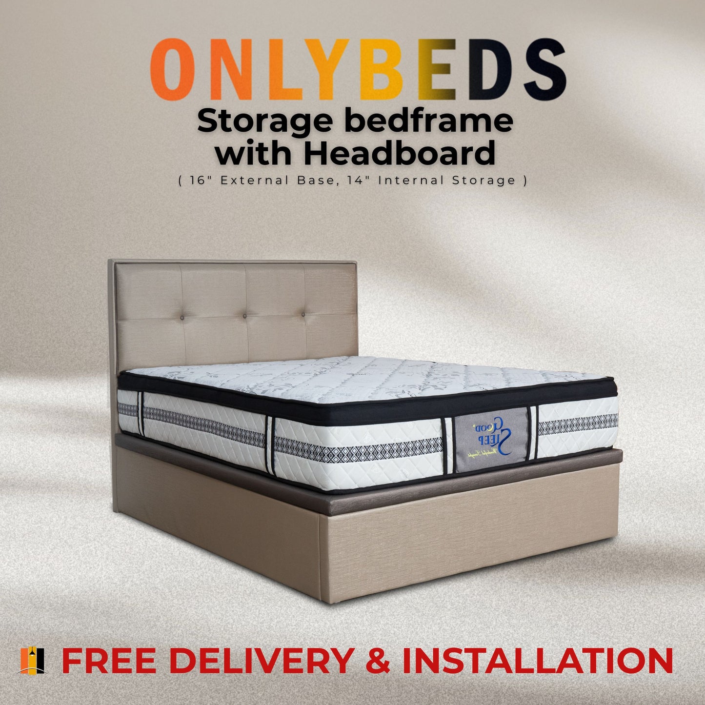 14" Storage Bed Fabric/Velvet  186 - Available in Single/Super Single/Queen/King