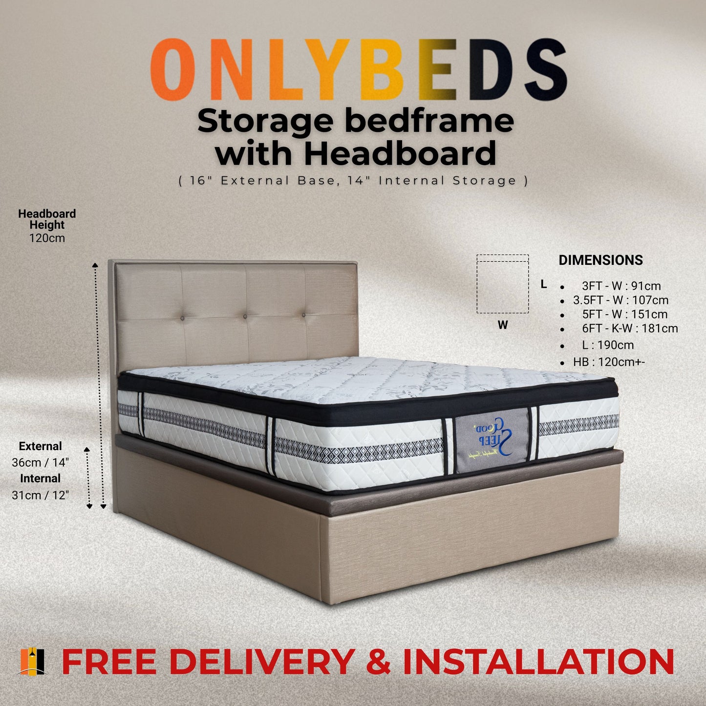 14" Storage Bed Fabric/Velvet  186 - Available in Single/Super Single/Queen/King