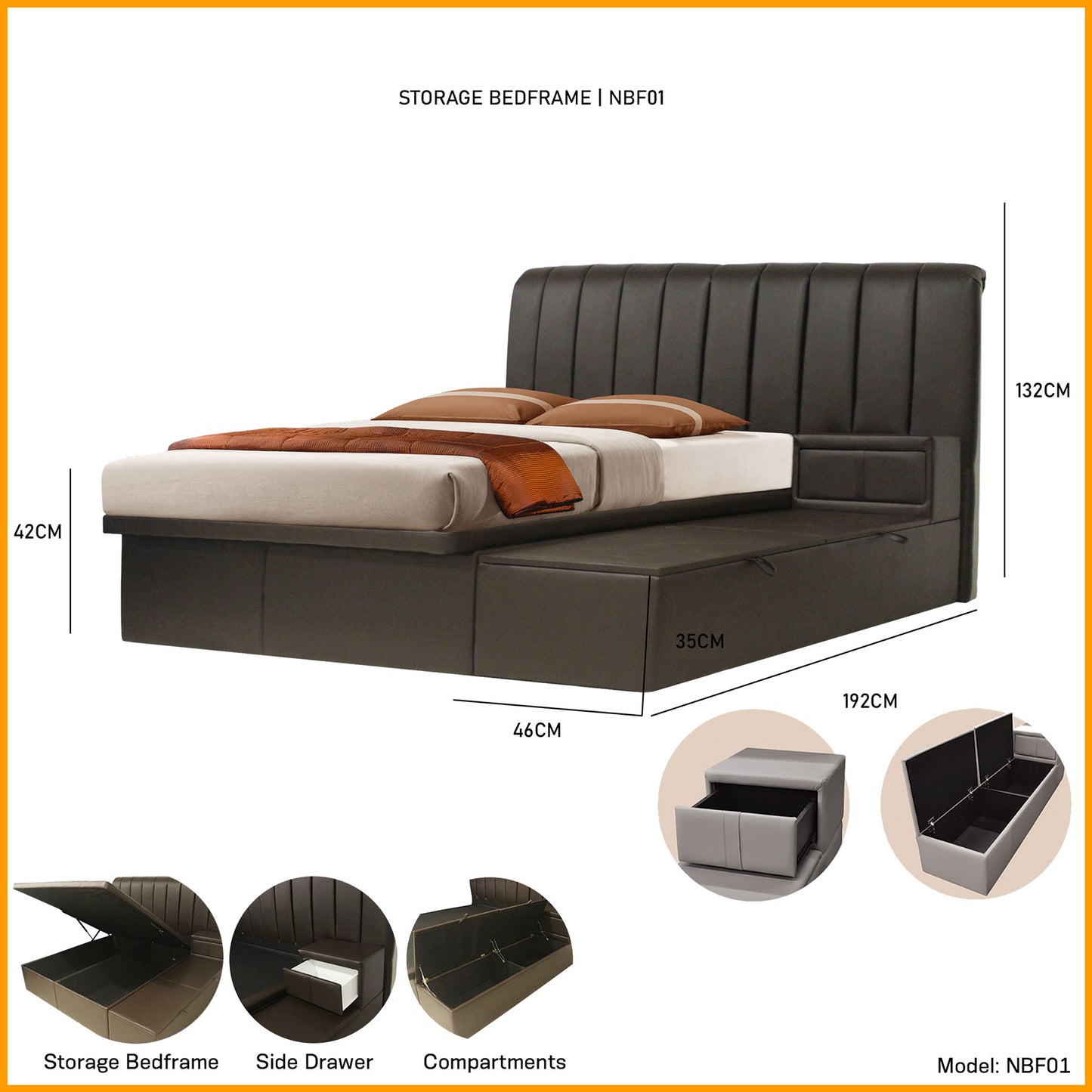 Storage Bedframe with Headboard only and with Side Drawer | NBF01