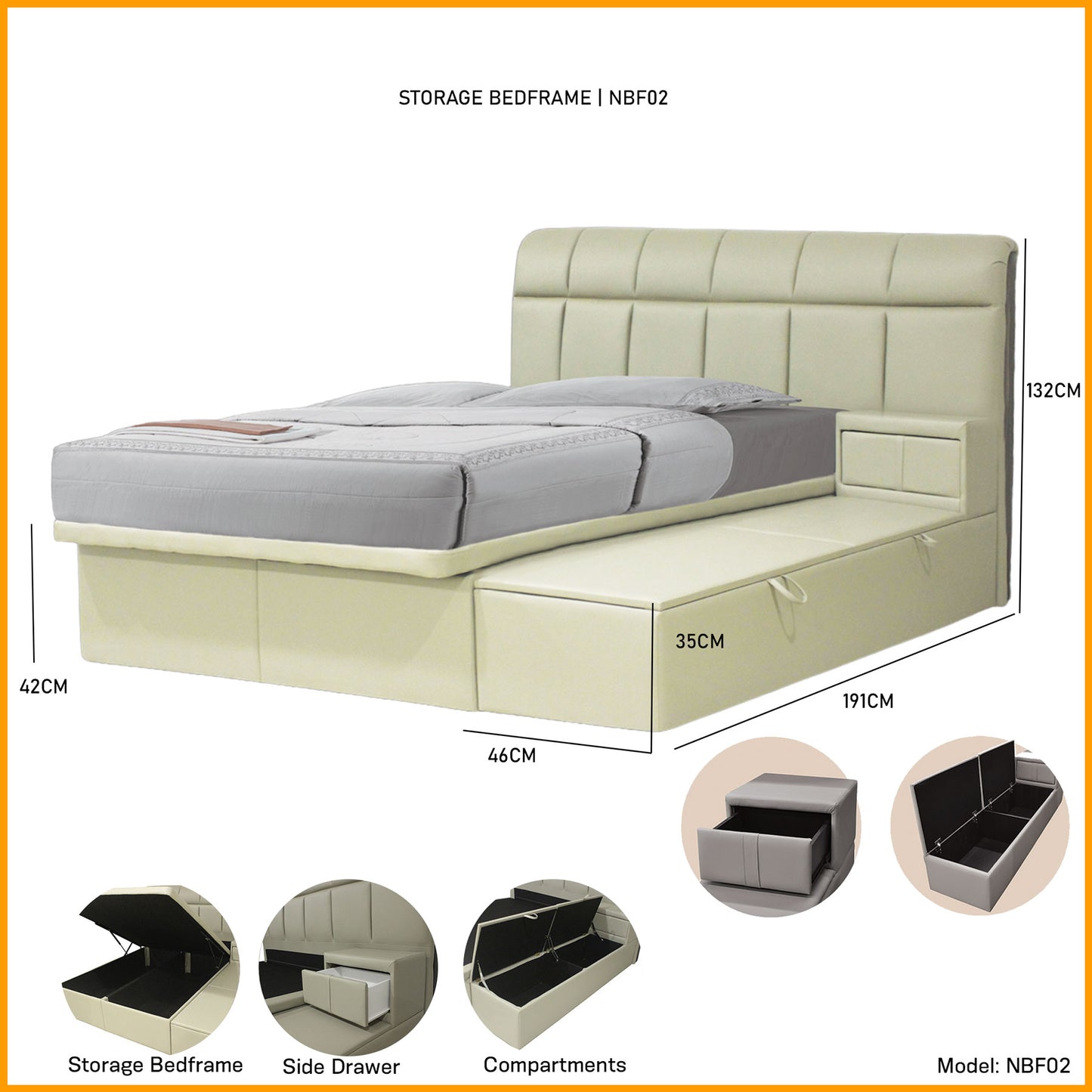 Storage Bed with Headboard only and Side Drawer | NBF02