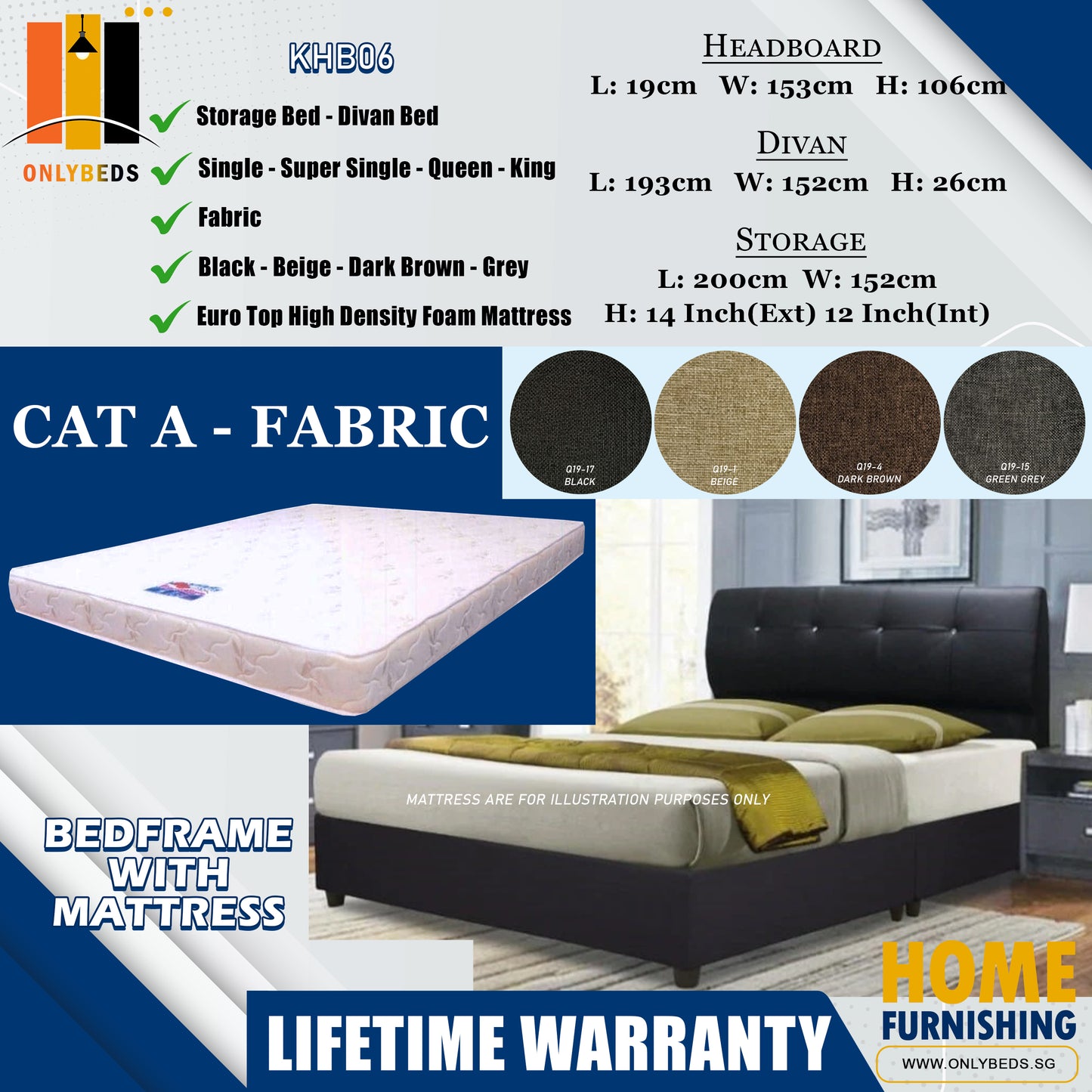 Storage Bedframe with Headboard only With Euro Top Foam Mattress l KHB06 l Cat A