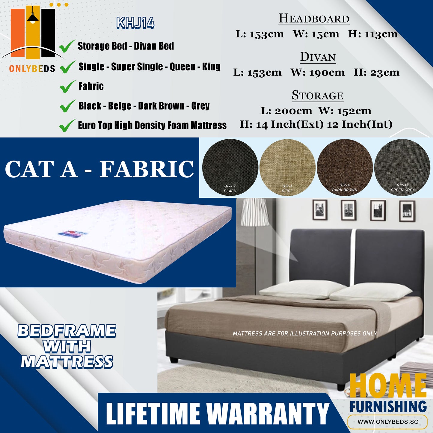 Storage Bedframe with Headboard only With Euro Top Foam Mattress l KHJ14 l Cat A
