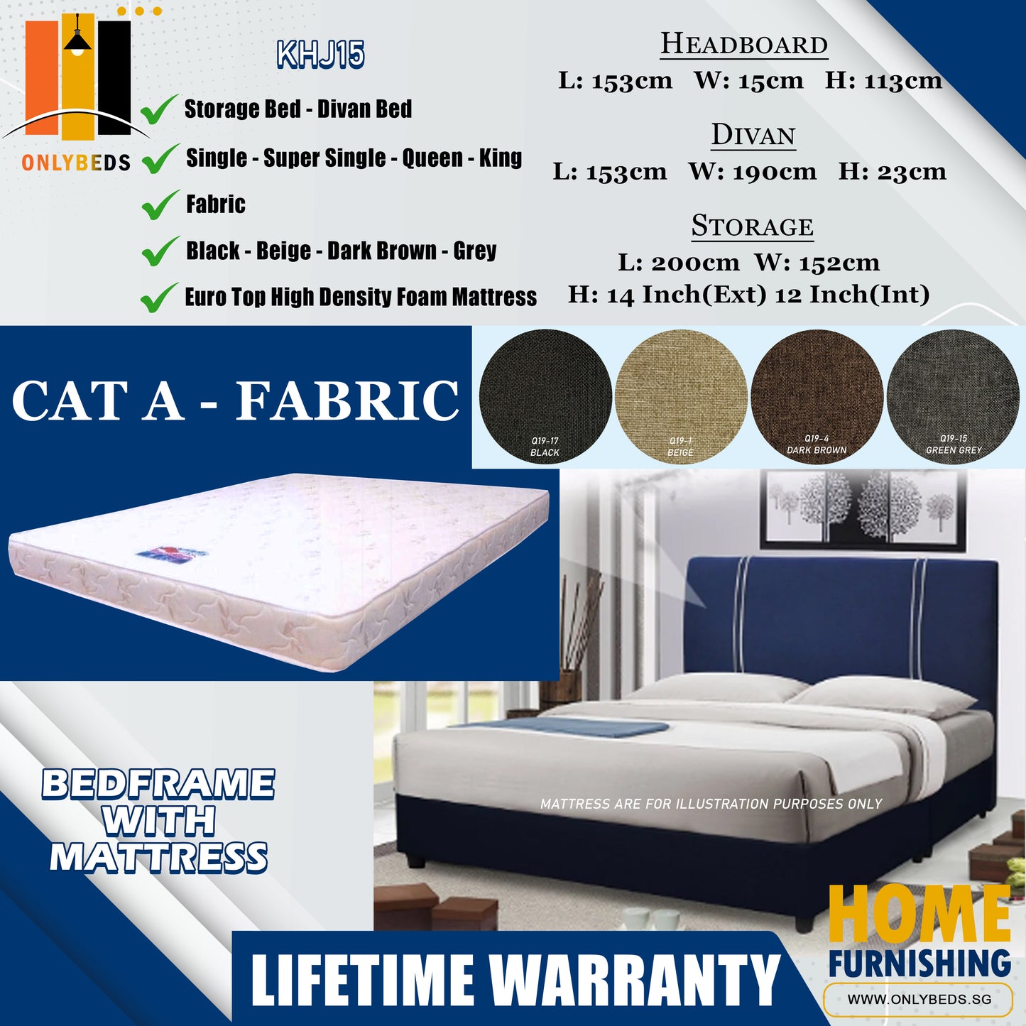 Storage Bedframe with Headboard only With Euro Top Foam Mattress l KHJ15 l Cat A