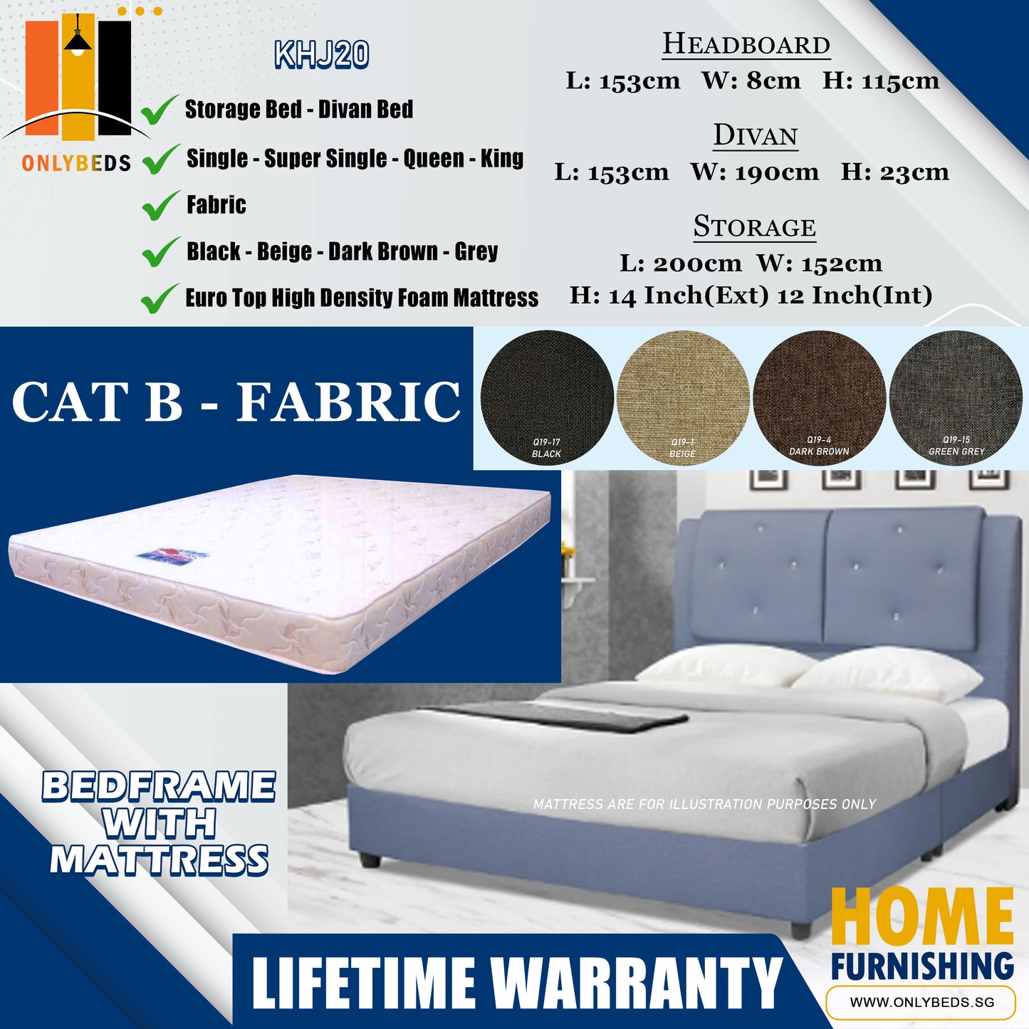 Storage Bedframe with Headboard only With Euro Top Foam Mattress l KHJ20 l Cat B