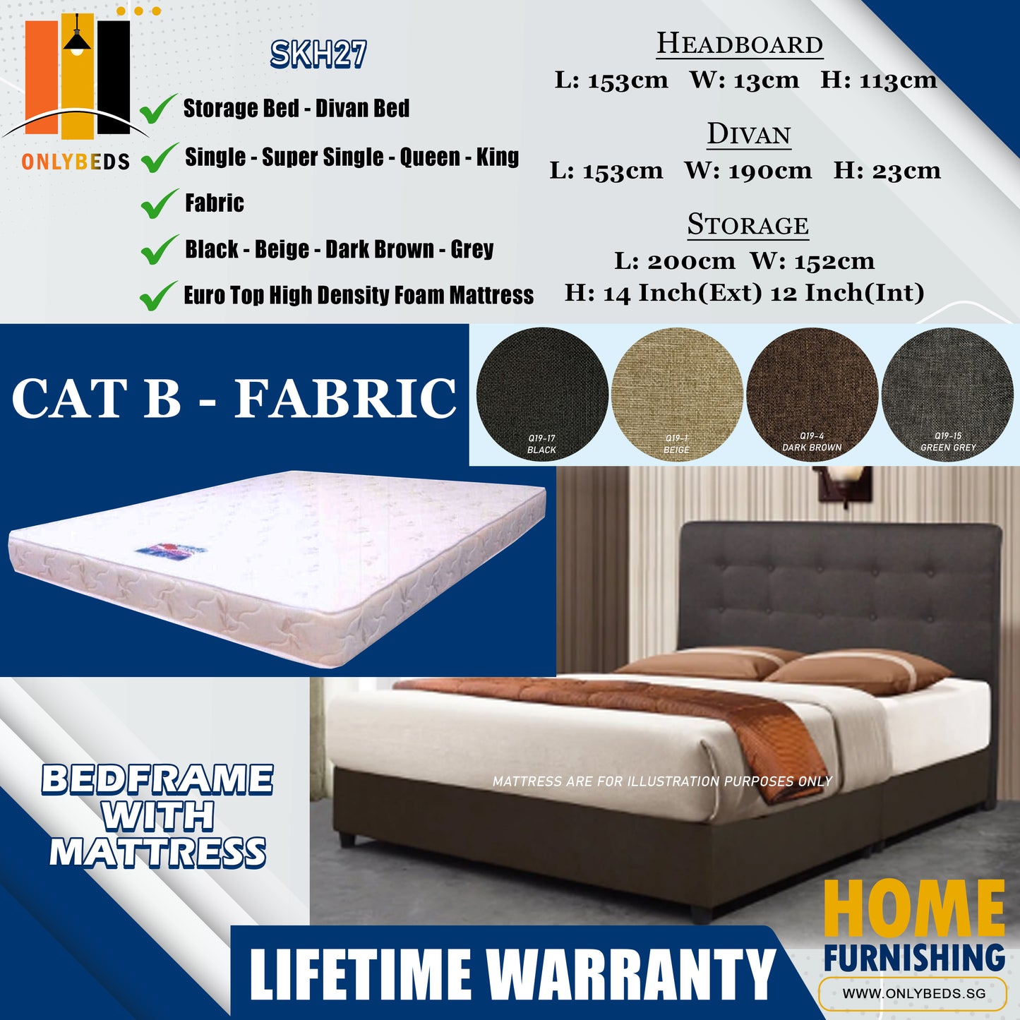 Storage Bedframe with Headboard only With Euro Top Foam Mattress l SKH27 l Cat B