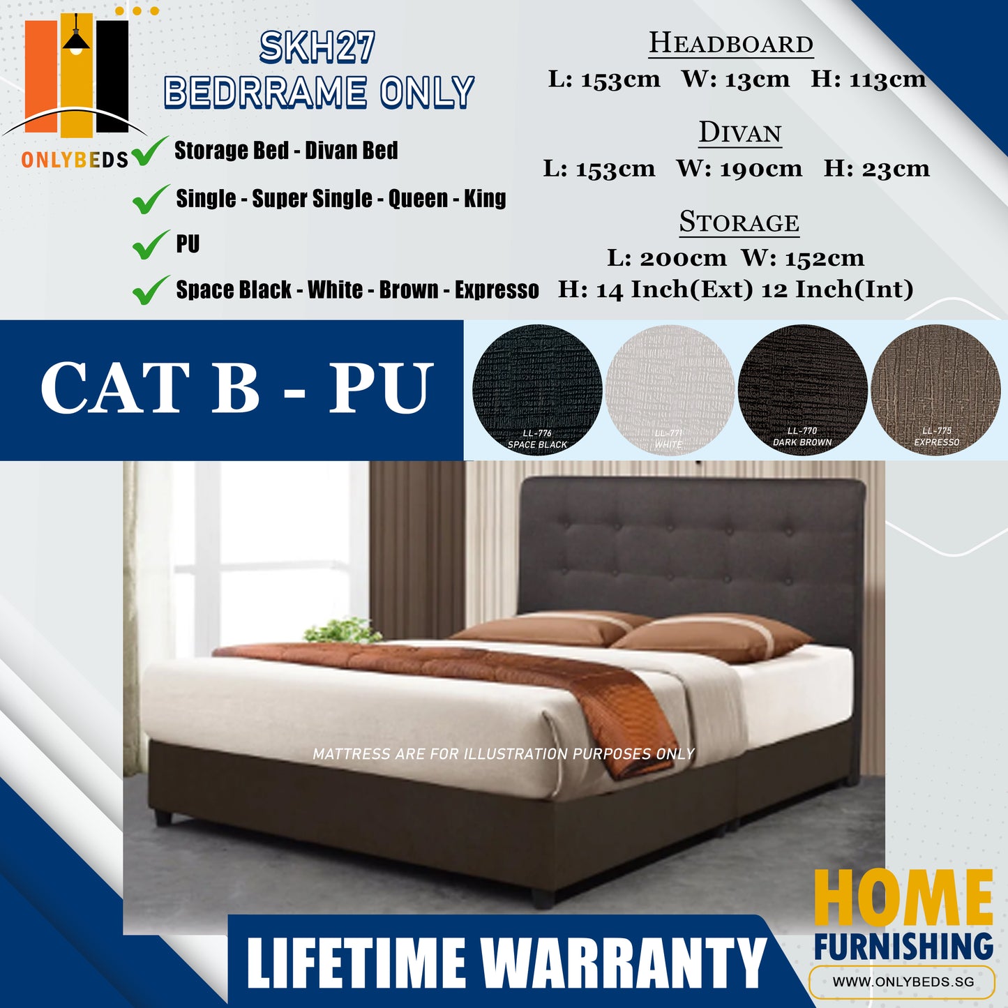 Storage Bedframe with Headboard only l SKH27 l Cat B