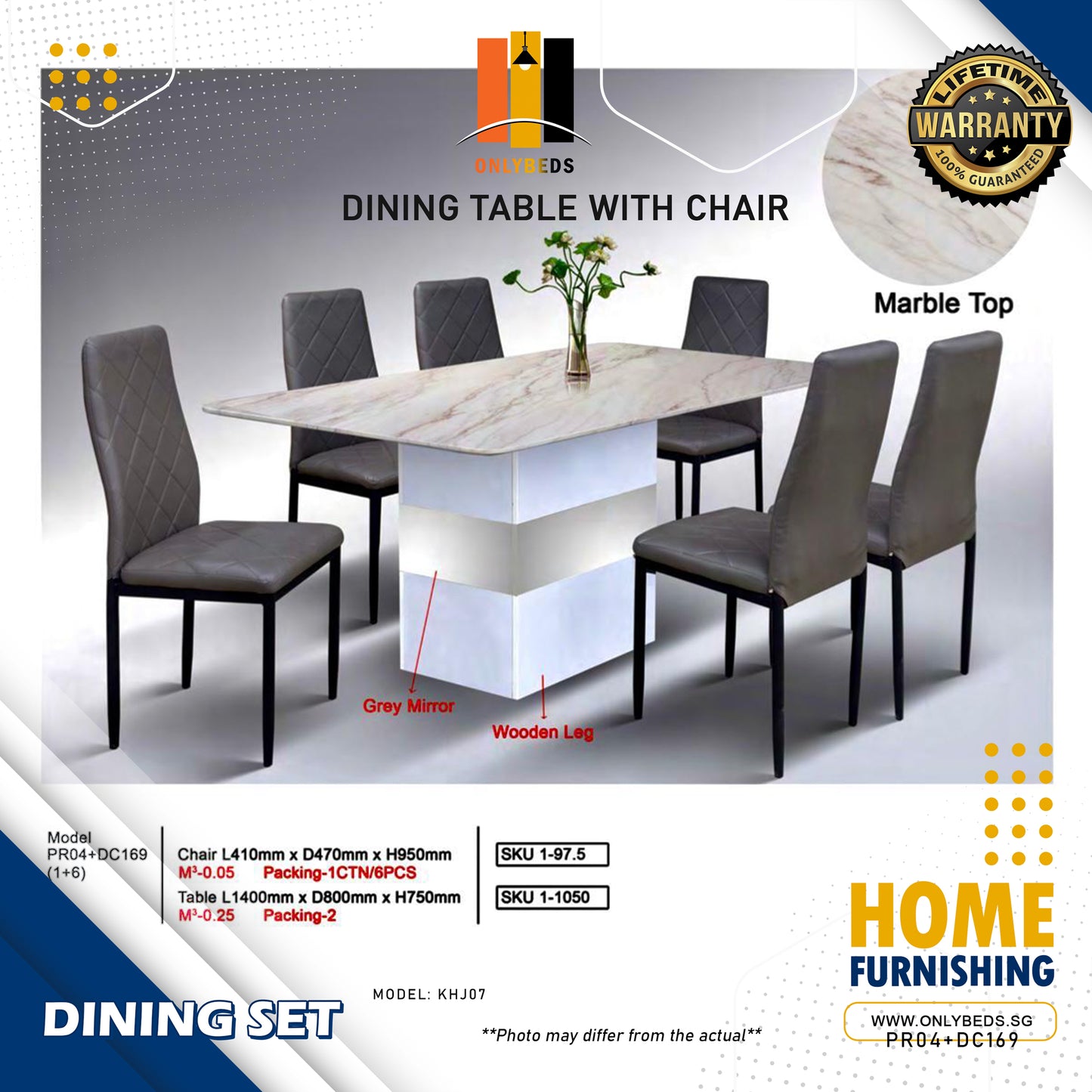 Dining Table with Chair (Dining Set) l PR04+DC169 (WHITE)